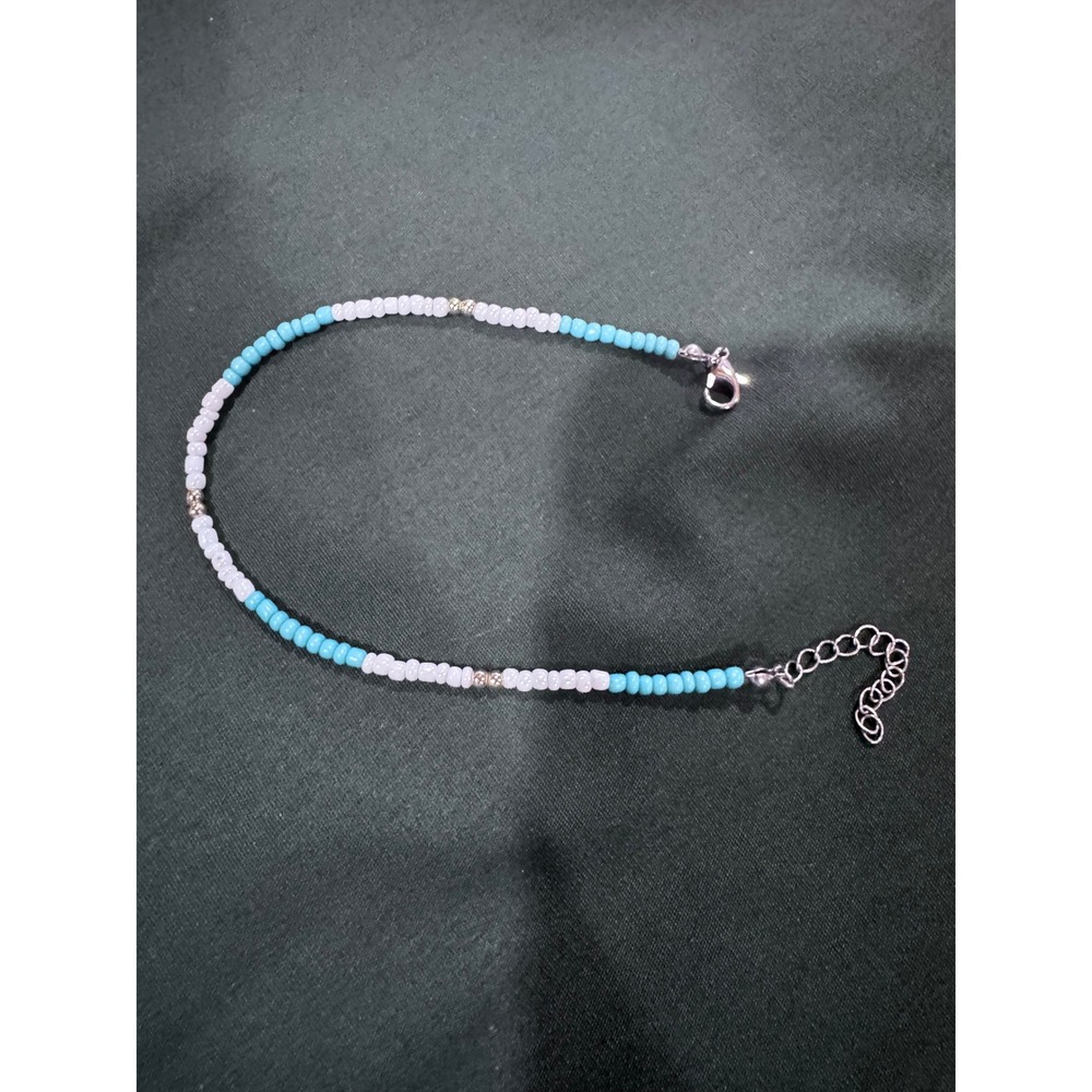 Blue and White Seed Bead Bracelet Silver Tone Adjustable Lobster Clasp Boho